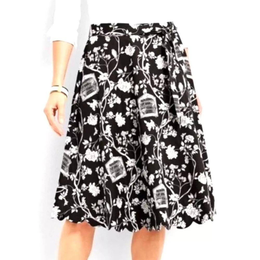 TALBOTS WOMENS PETITE SKIRT Toile Birdcage Lightweight Floral Flare Black 2P